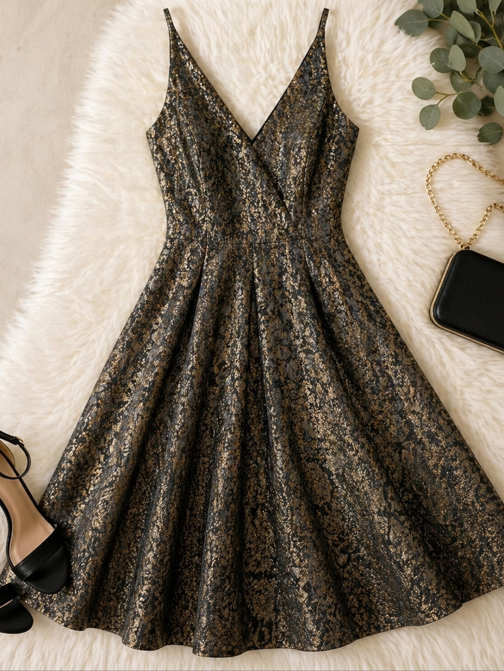 Dress the Population Metallic Jacquard Fit & Flare Dress Black Gold Size M